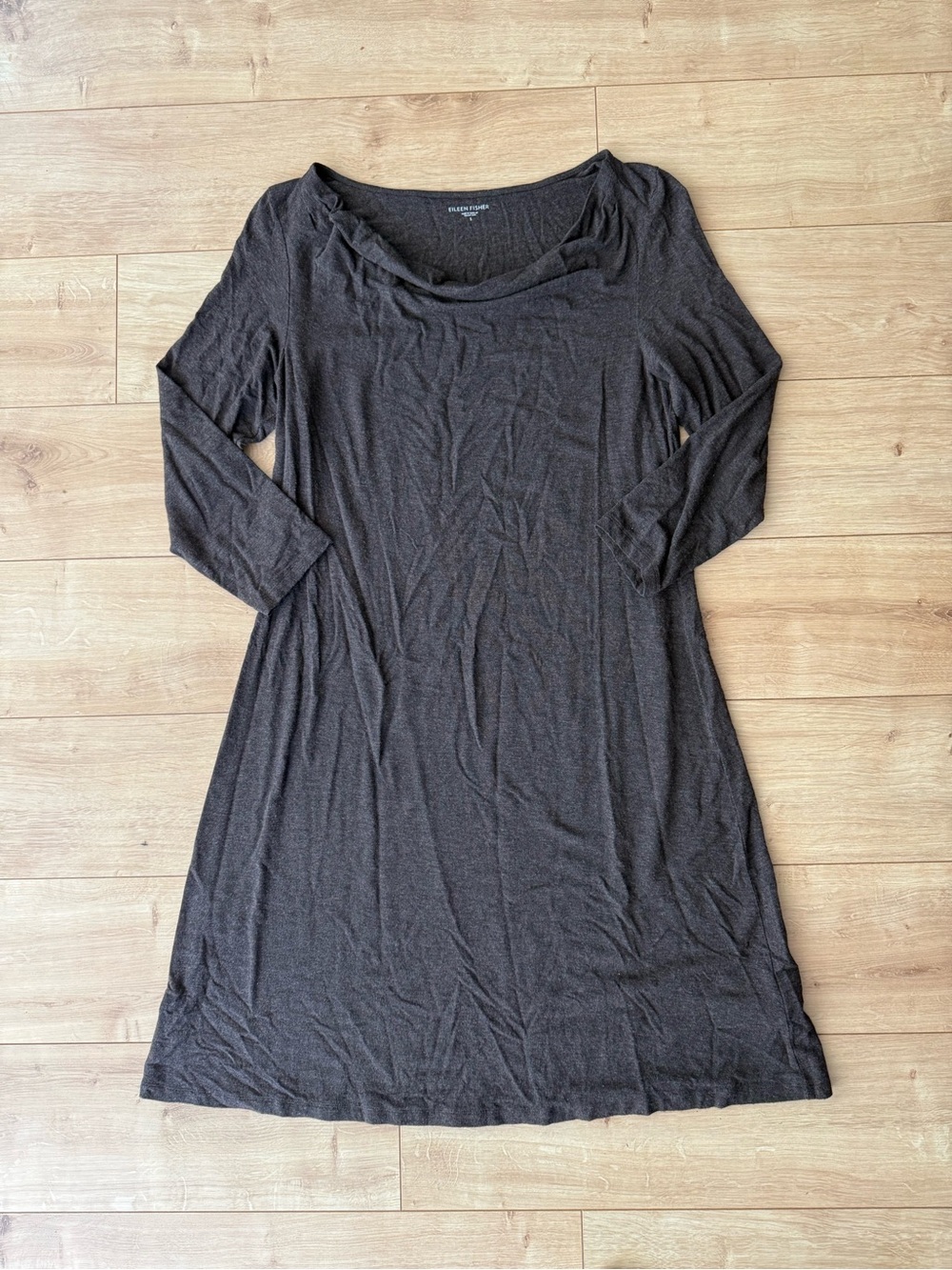 Eileen Fisher Charcoal Drape Cowl Neck Midi Dress S Stretch Minimalist Lagenlook